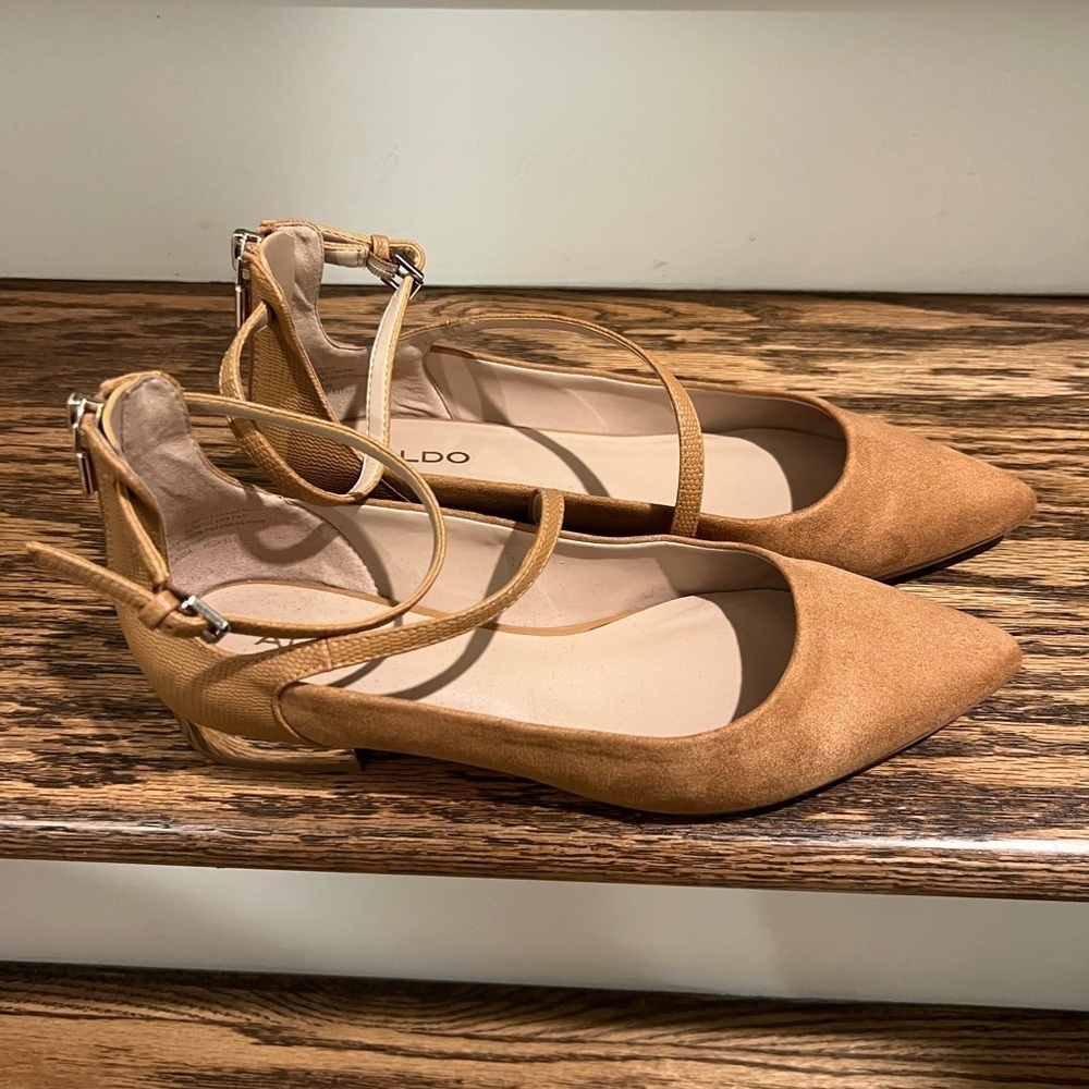 Aldo Tan Suede with Gold Heel Ankle Strap Flats - Picture 2 of 7